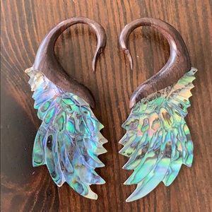 Gorgeous 8 gauge wood and abalone swan earrings